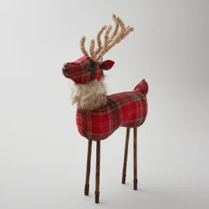 18.5" Red Plaid Reindeer w/ Twine Antlers & Fur Collar