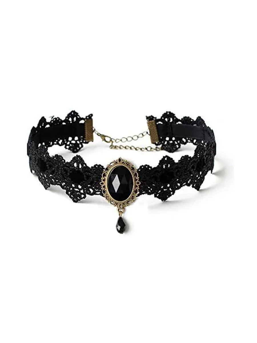 1Pc Gothic Lace Choker Crystal Choker Pendant Retro Necklace Accessories Vampire