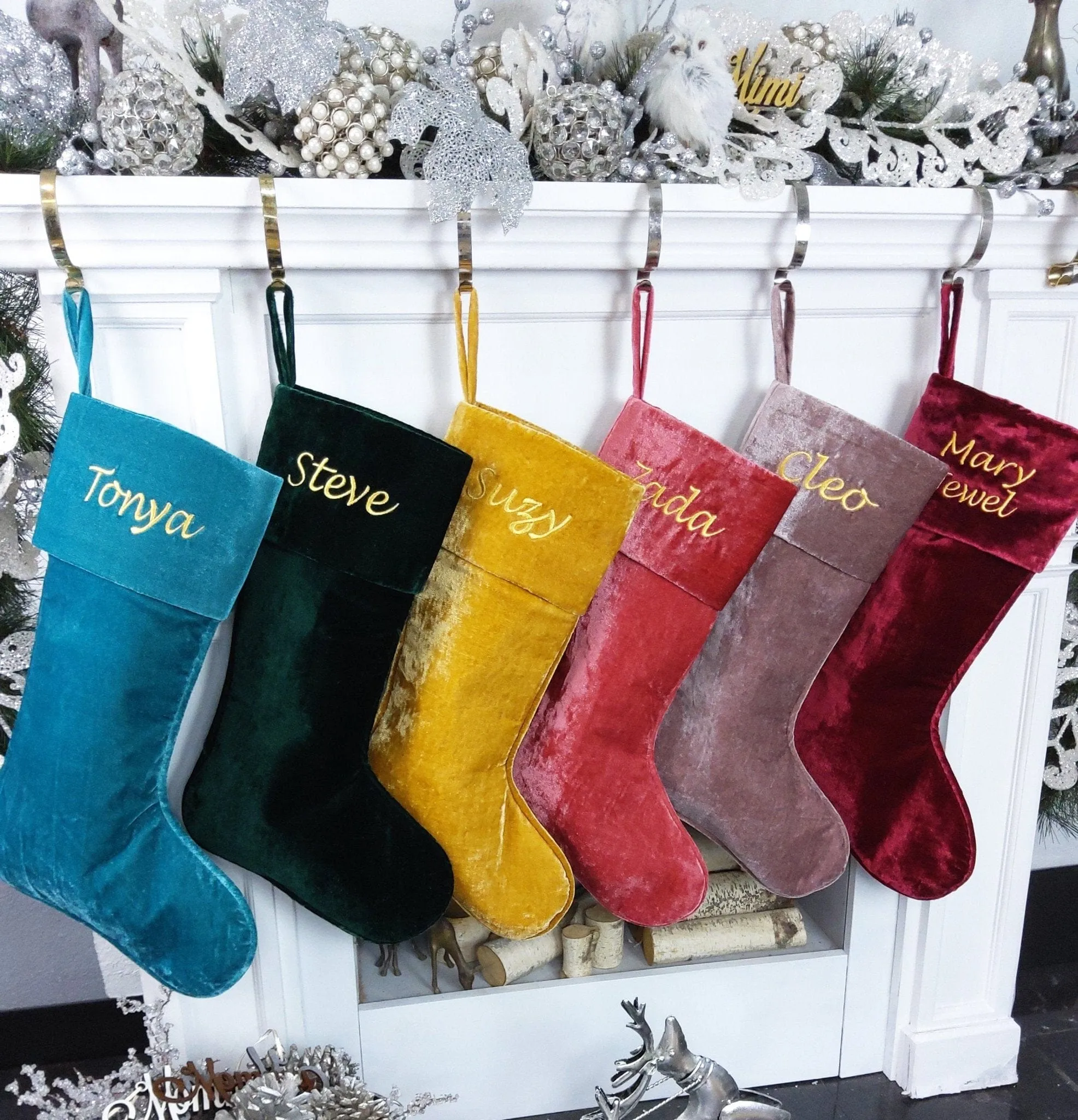 22" Large Personalized Christmas Stockings - Red Gold Green Silver Sea Foam Velvet Modern Boot - Christmas Stocking Embroidered with Names