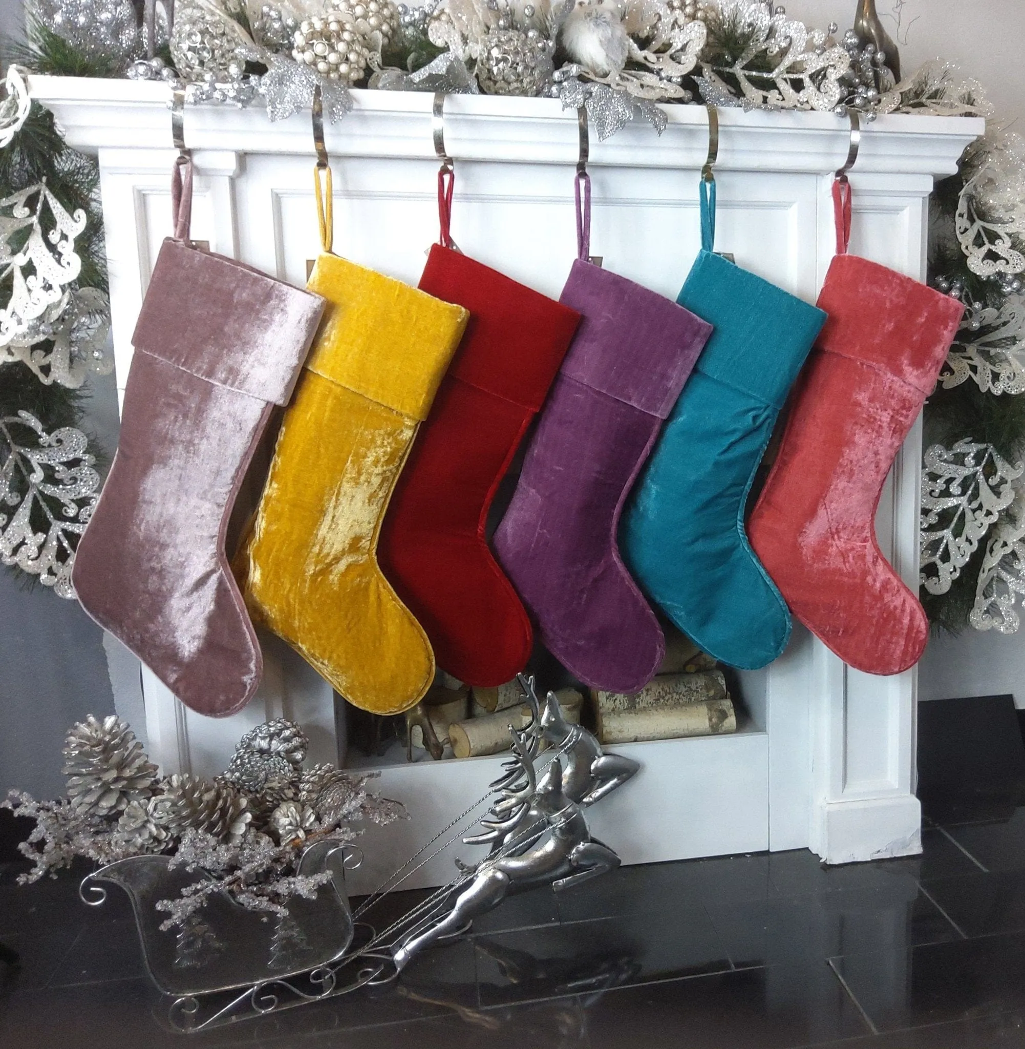 22" Large Personalized Christmas Stockings - Red Gold Green Silver Sea Foam Velvet Modern Boot - Christmas Stocking Embroidered with Names