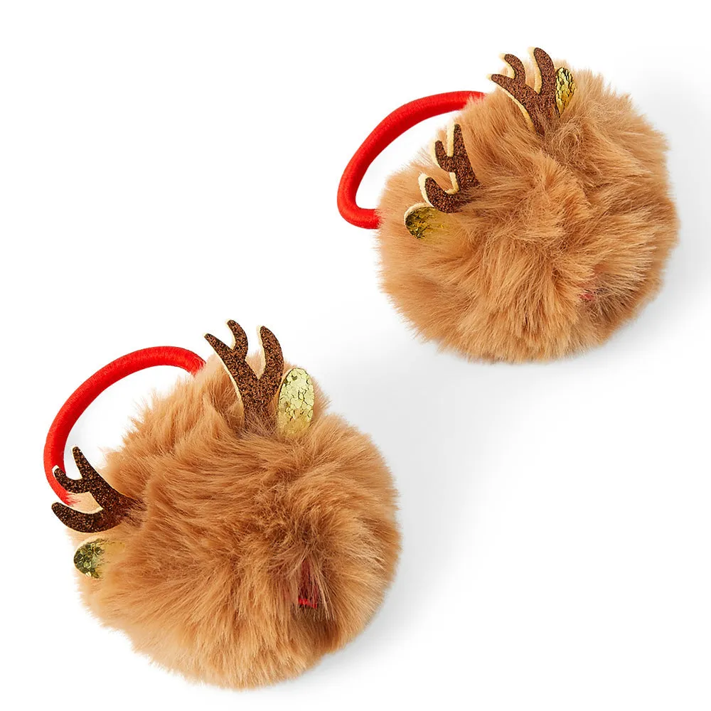 Accessorize London Girl's Brown Christmas Reindeer Hair Pom Ponies