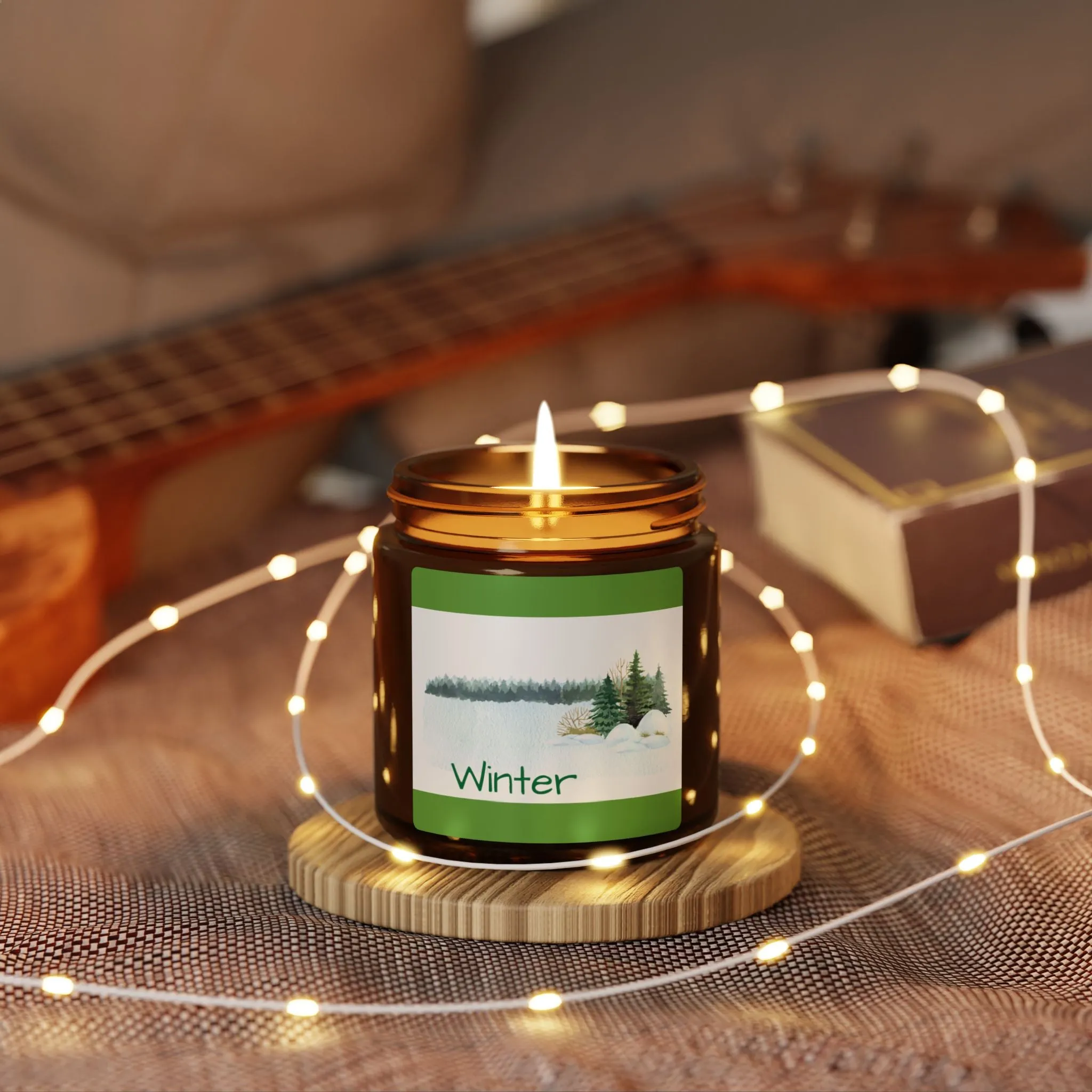 Beautiful, safe soy candle with a Winter scent option and beautiful winter message