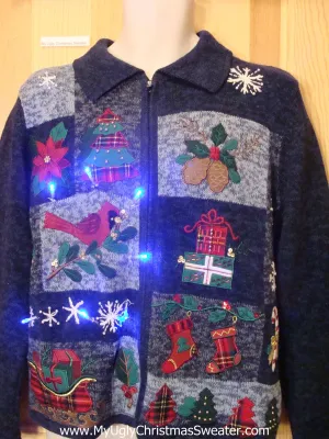 Blue Light Up Ugly Xmas Sweater Cardinal, Stockings, Poinsettia