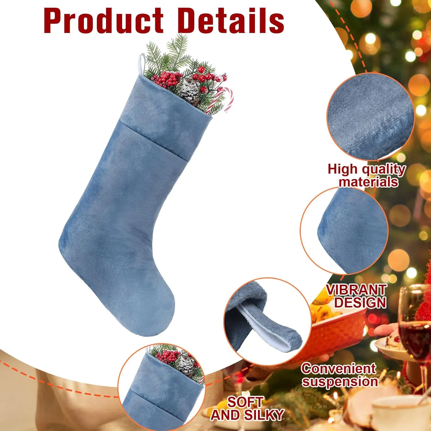 Blue Velvet Christmas Stocking - 10 x 19 Inch - Holiday Party Decor