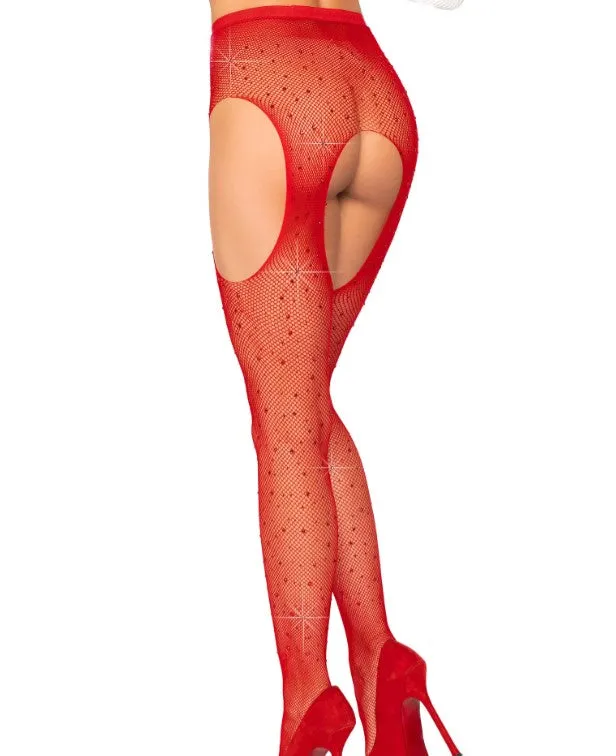 Casey Rhinestone Suspender Pantyhose - O/S (Red)