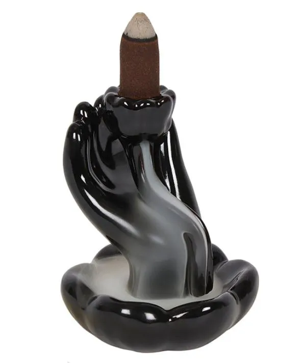 Ceramic Back Flow Incense Cone Burner - Hand Lotus Flower