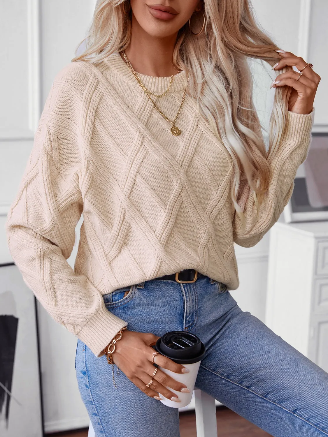 Chic Geometry: Cozy Round Neck Sweater