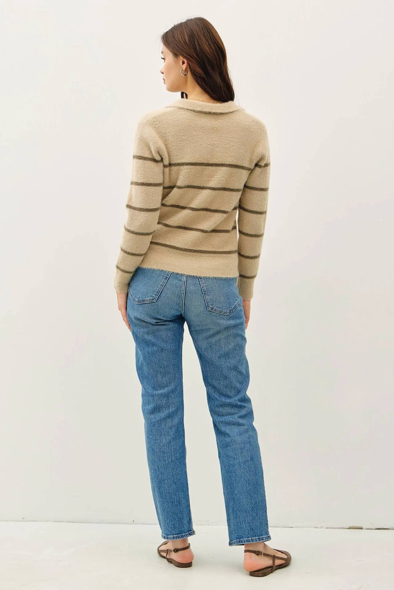 COLLARED FUZZY STRIPED V NECK SWEATER