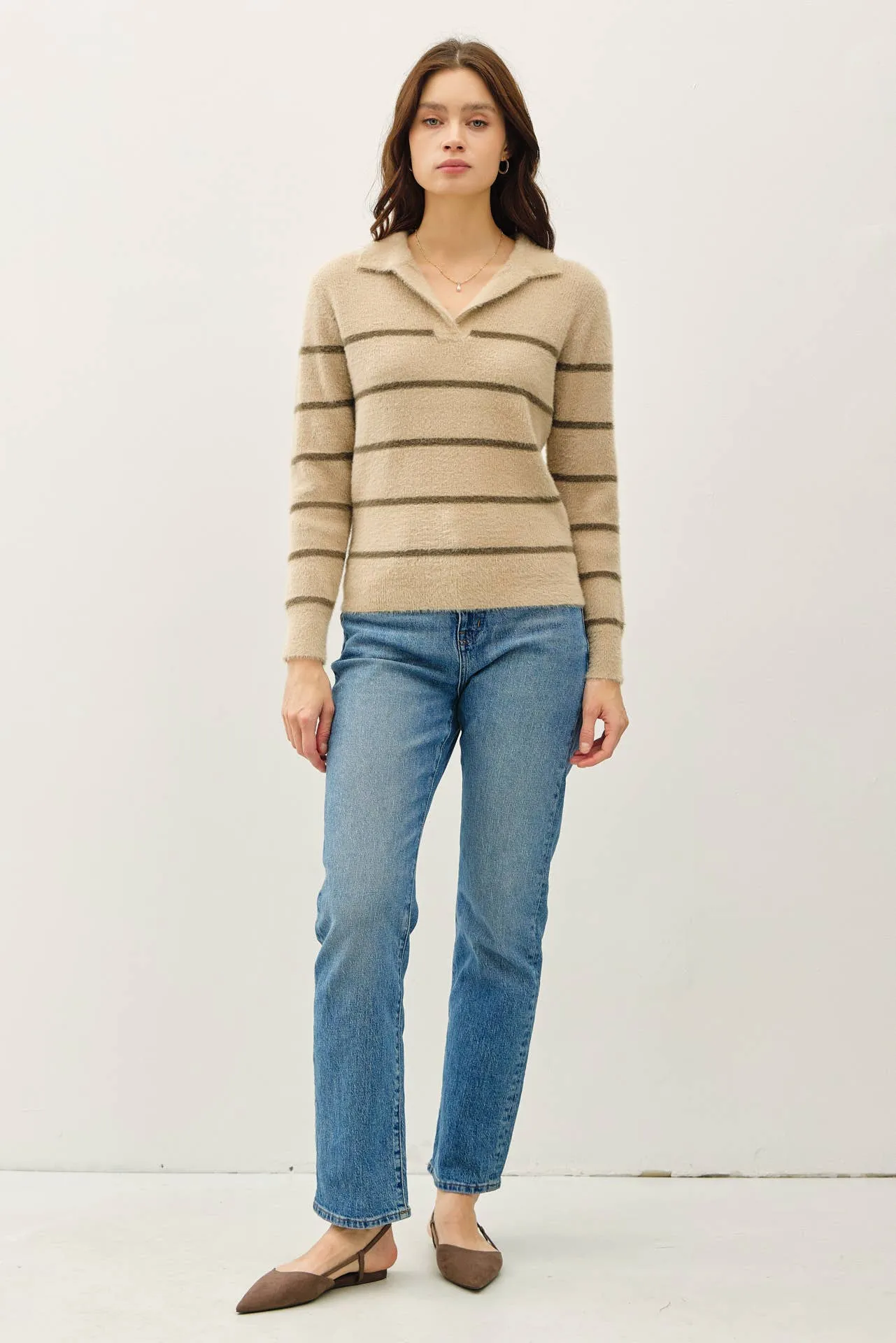 COLLARED FUZZY STRIPED V NECK SWEATER