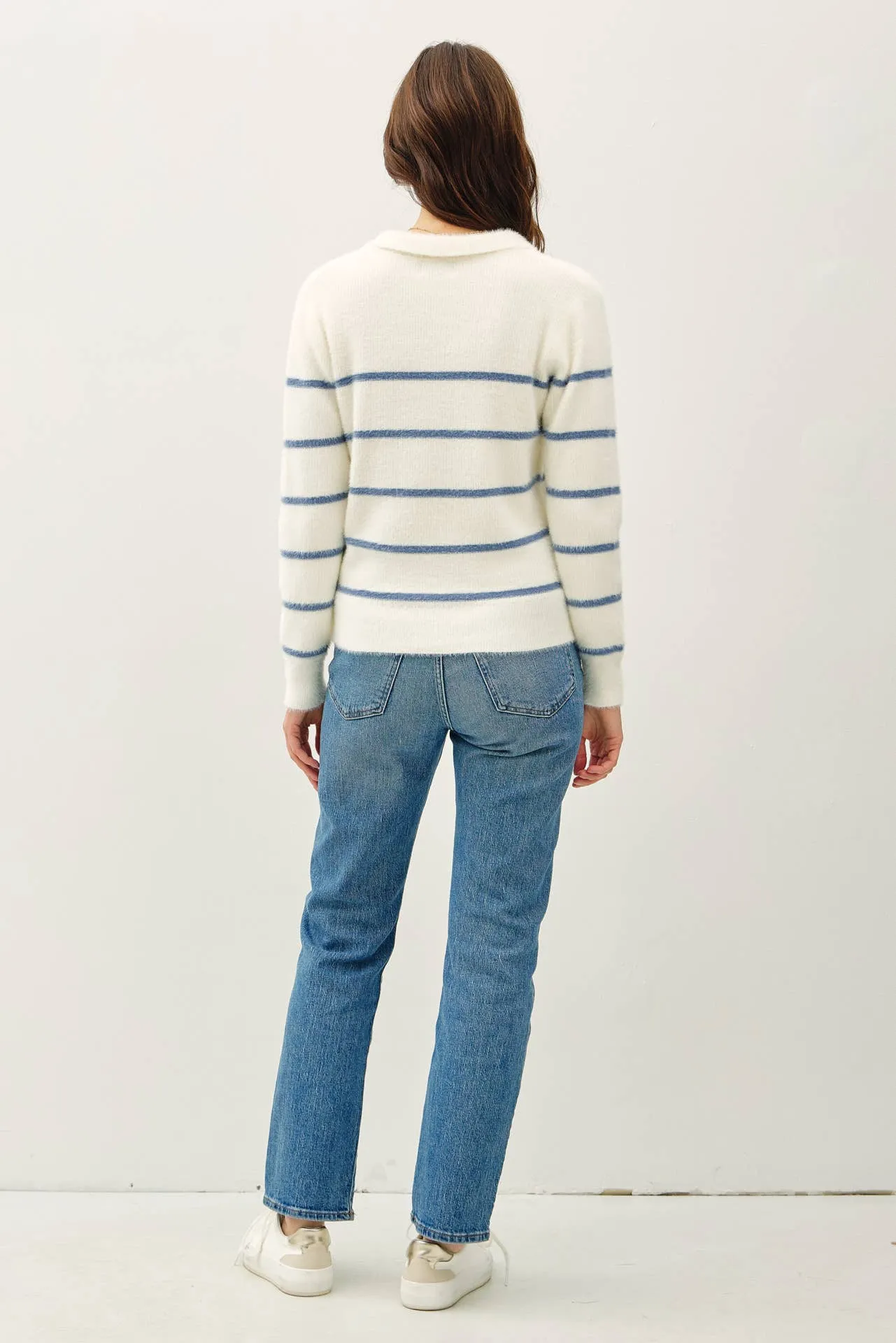 COLLARED FUZZY STRIPED V NECK SWEATER