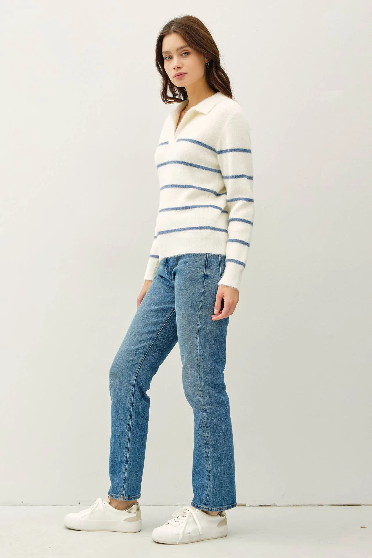 COLLARED FUZZY STRIPED V NECK SWEATER