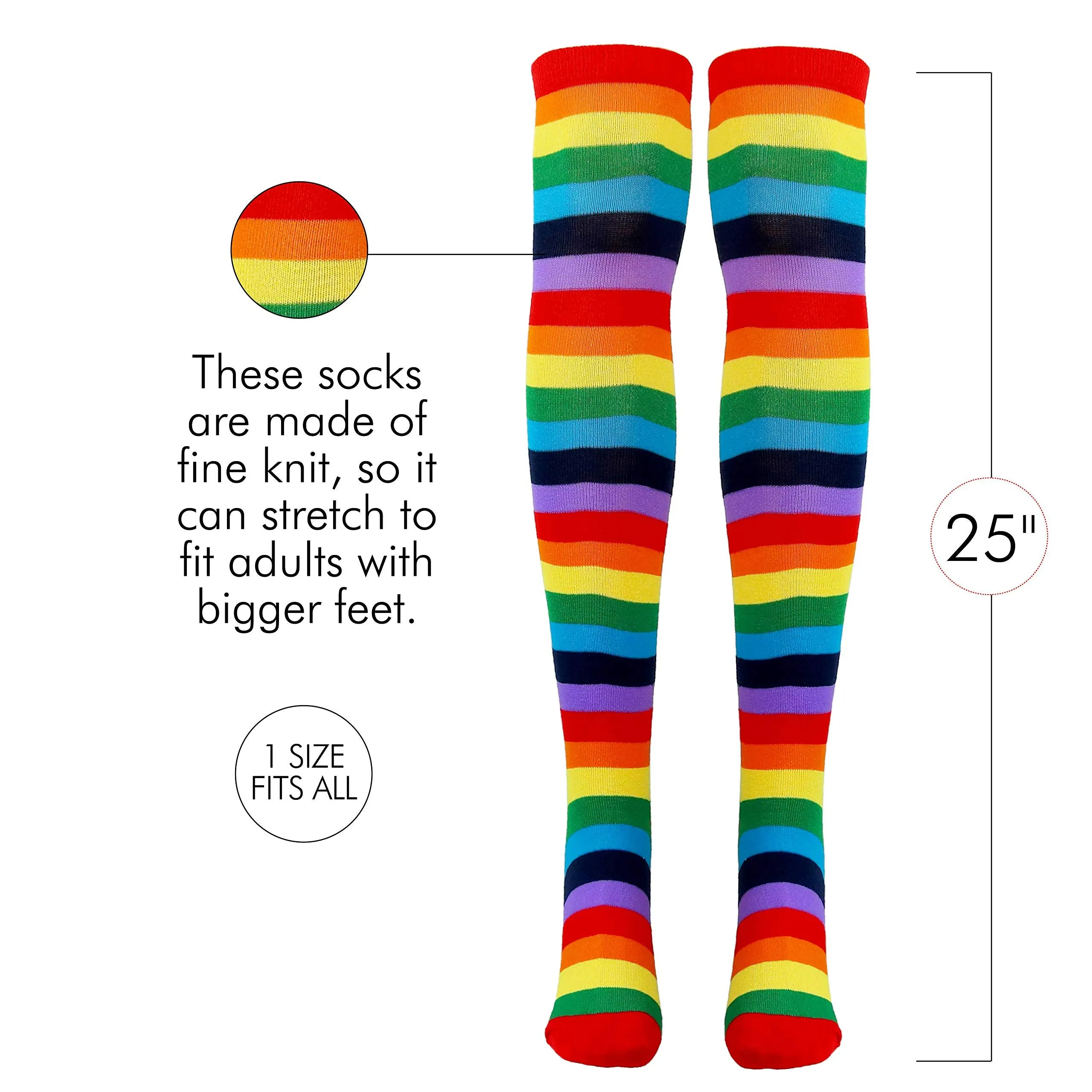 Colorful Rainbow Striped Socks - Over The Knee Clown Striped Costume Accessories Thigh High Stockings for Men, Women and Kids