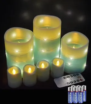 DANIP Green LED flameless Candle with Embedded Star String, 3 4-Piece Set of LED Candles, with 11 Button Remote Control, 24-Hour Timer Function, Flashing Flame, Real Wax, Battery Powered.