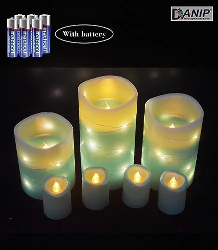 DANIP Green LED flameless Candle with Embedded Star String, 3 4-Piece Set of LED Candles, with 11 Button Remote Control, 24-Hour Timer Function, Flashing Flame, Real Wax, Battery Powered.