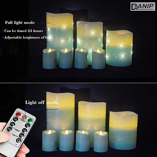 DANIP Green LED flameless Candle with Embedded Star String, 3 4-Piece Set of LED Candles, with 11 Button Remote Control, 24-Hour Timer Function, Flashing Flame, Real Wax, Battery Powered.