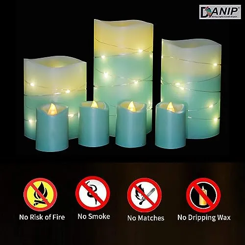 DANIP Green LED flameless Candle with Embedded Star String, 3 4-Piece Set of LED Candles, with 11 Button Remote Control, 24-Hour Timer Function, Flashing Flame, Real Wax, Battery Powered.