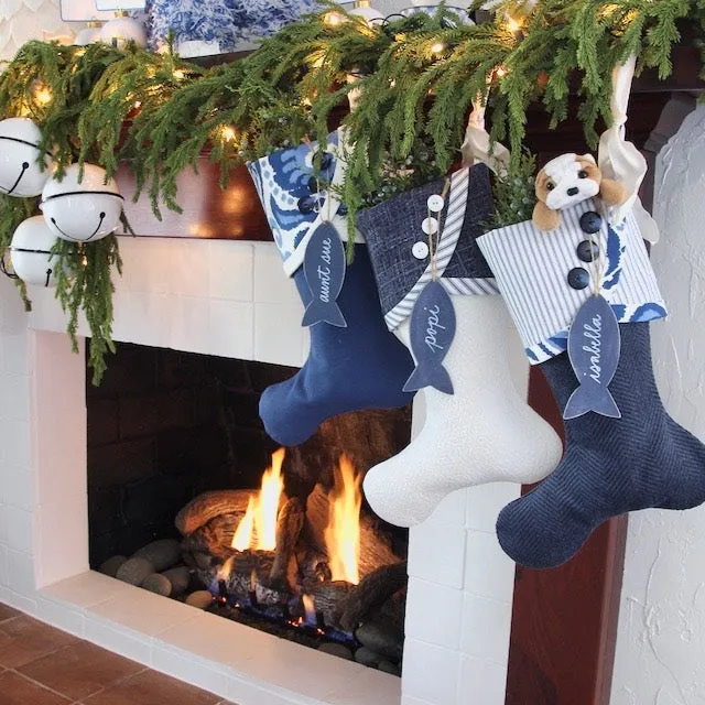 Family Christmas Stockings in Blue and White for Christmas and Chrismukkah Celebrations