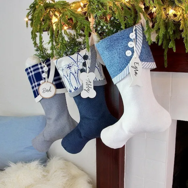 Family Christmas Stockings in Blue and White for Christmas and Chrismukkah Celebrations