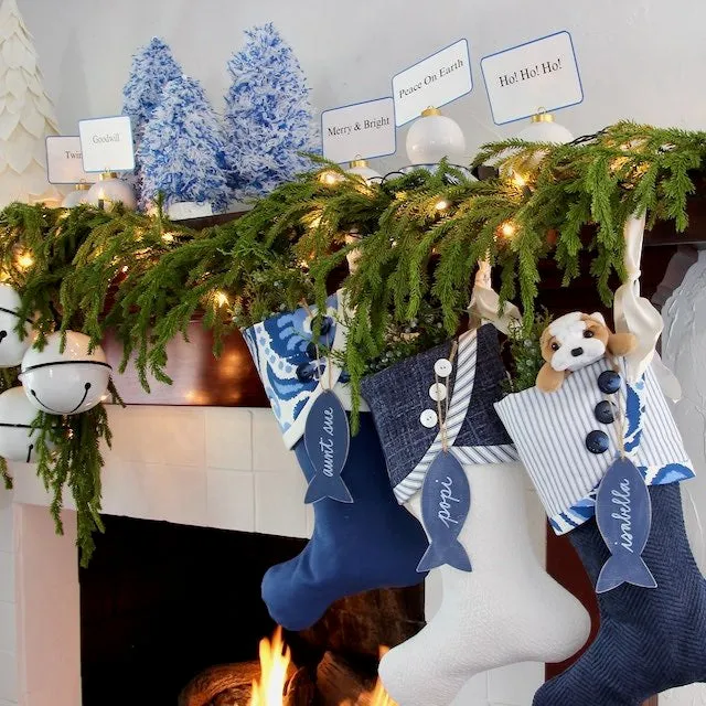 Family Christmas Stockings in Blue and White for Christmas and Chrismukkah Celebrations