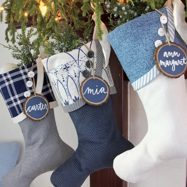 Family Christmas Stockings in Blue and White for Christmas and Chrismukkah Celebrations