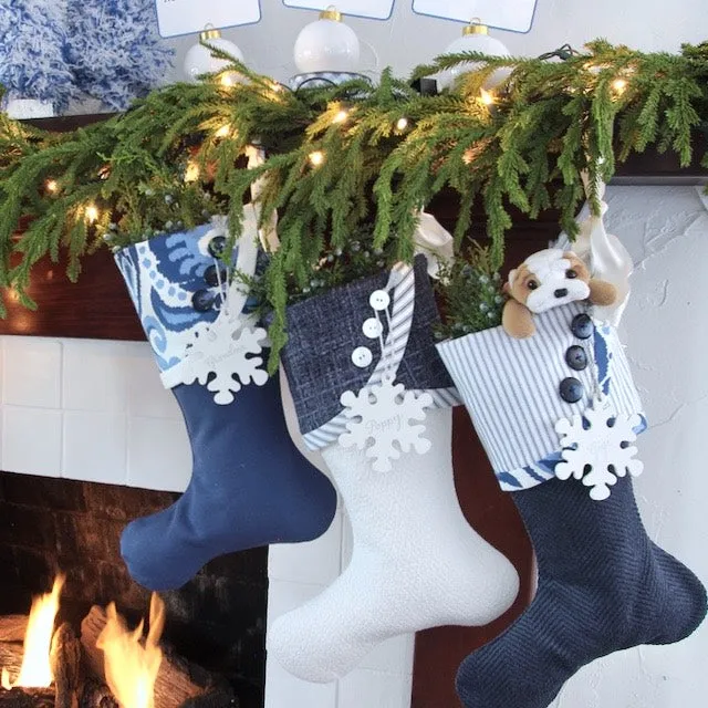 Family Christmas Stockings in Blue and White for Christmas and Chrismukkah Celebrations