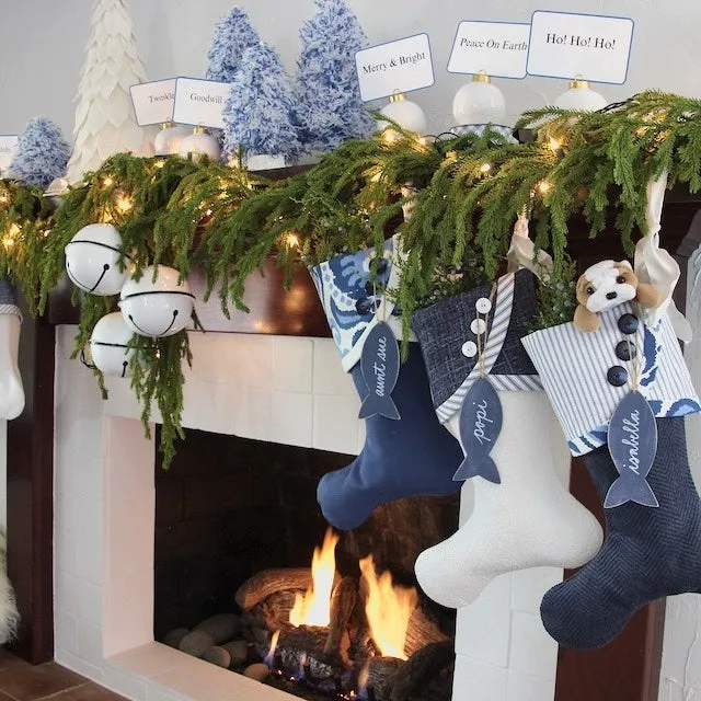 Family Christmas Stockings in Blue and White for Christmas and Chrismukkah Celebrations