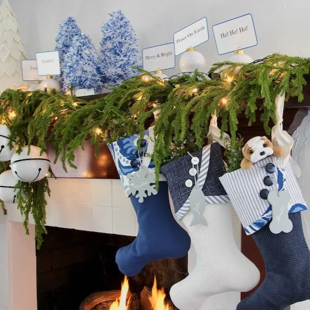 Family Christmas Stockings in Blue and White for Christmas and Chrismukkah Celebrations