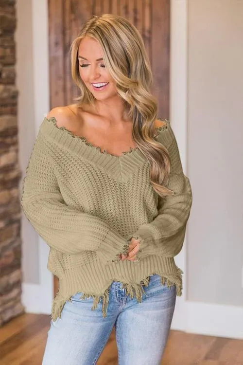 Frayed Hem Dropped Shoulder Sweater