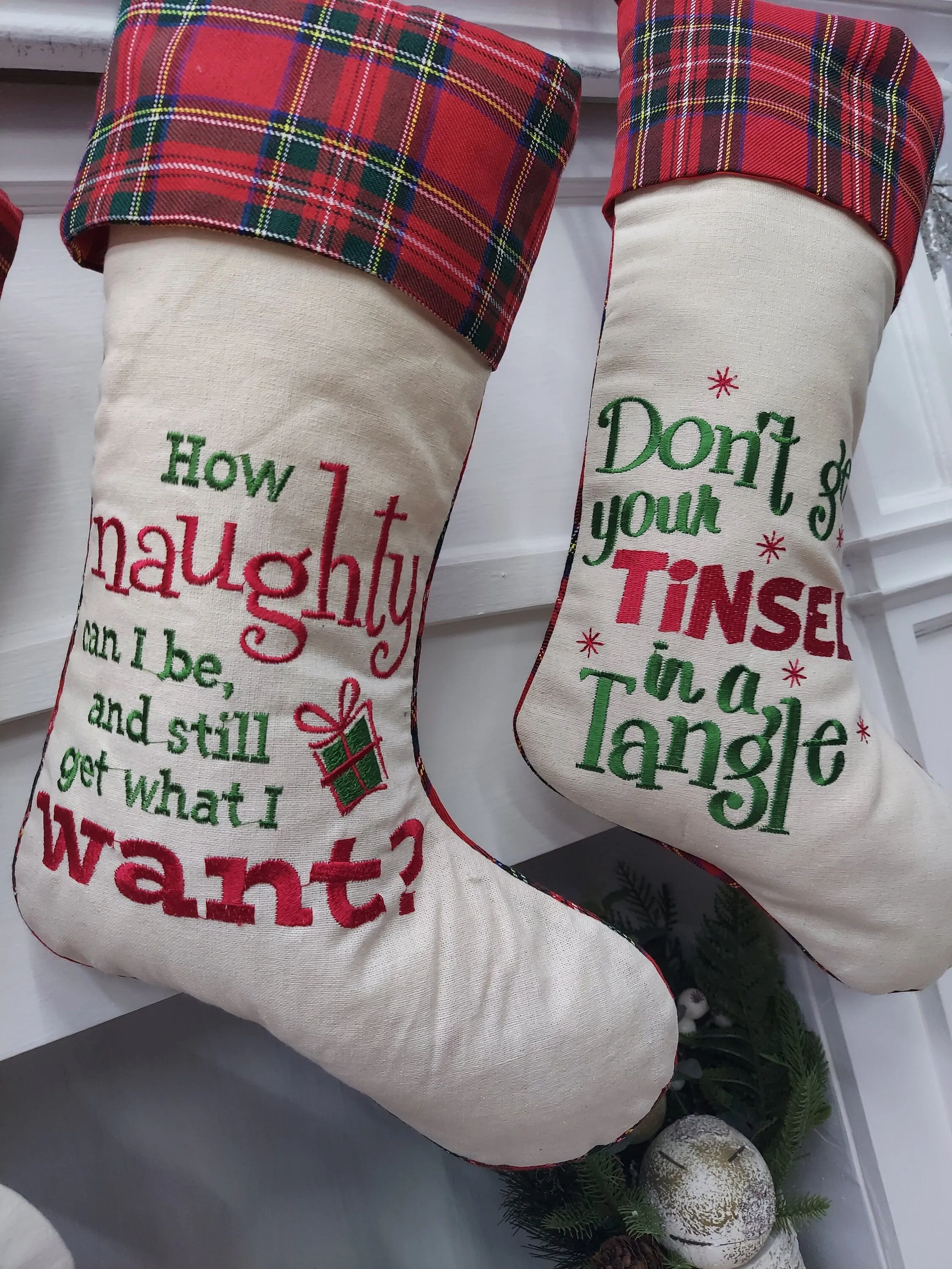 Funny Christmas Stockings | Plaid Tartan  Naughty Tinsel Mistletoe Gag Gift Party Friends Office Co Workers Personalized Embroidered Name