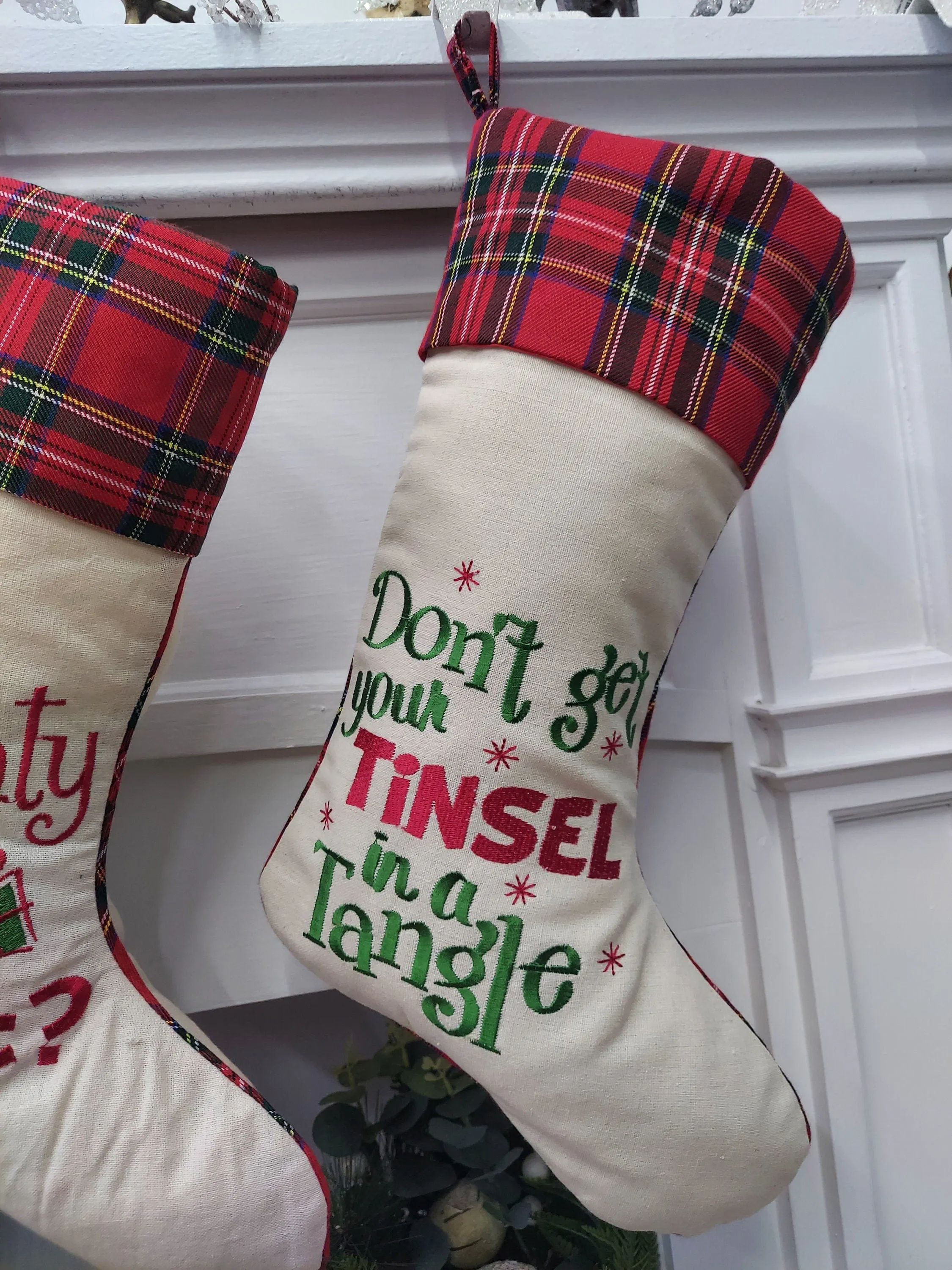 Funny Christmas Stockings | Plaid Tartan  Naughty Tinsel Mistletoe Gag Gift Party Friends Office Co Workers Personalized Embroidered Name