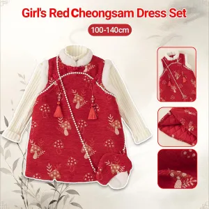 Girl's Red Cheongsam Dress Cotton Padded New-Year Dress