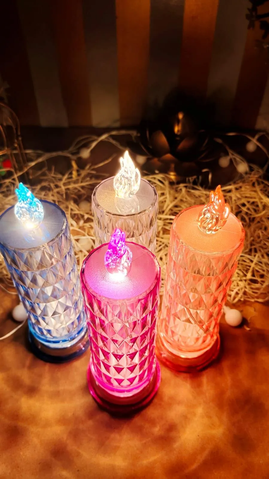 glitter star hubb 4 Pcs Flameless,Smokeless Decorative Candles Acrylic Led Tea Light Candle Perfect for Home, Christmas, Birthday, Diwali, Any Occasion Decoration (Transparent) Big Size with Stand