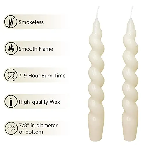 Handmade Spiral Taper Candles - Set of 4 Dripless Dinner Candles for Home Decoration, Weddings, and Parties - 7.5 Inches Twisted Candle Sticks (White)