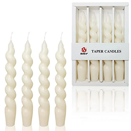 Handmade Spiral Taper Candles - Set of 4 Dripless Dinner Candles for Home Decoration, Weddings, and Parties - 7.5 Inches Twisted Candle Sticks (White)