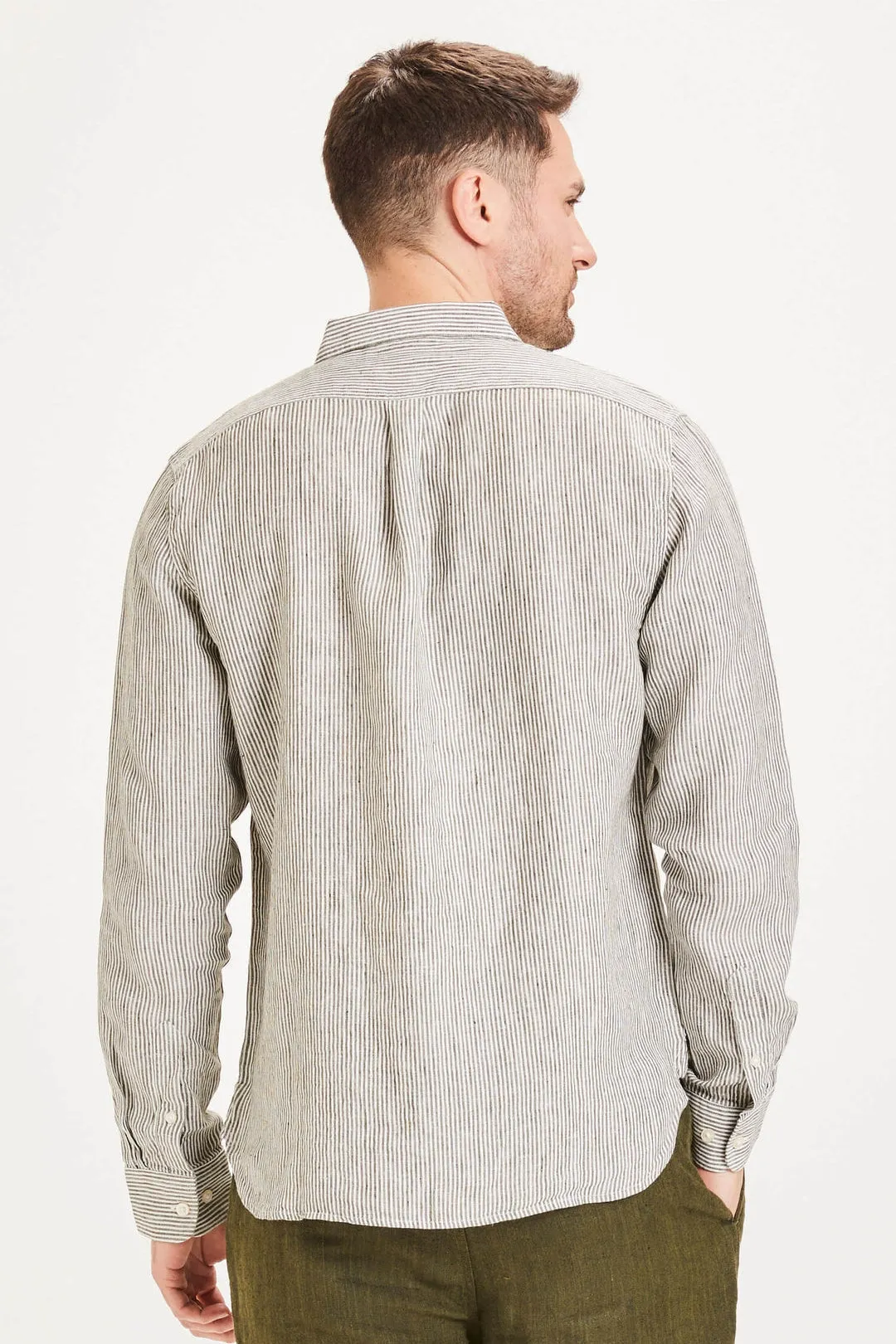 Knowledge Cotton Larch Long Sleeve Striped Linen Custom Fit Shirt in Forest Night - GOTS/Vegan