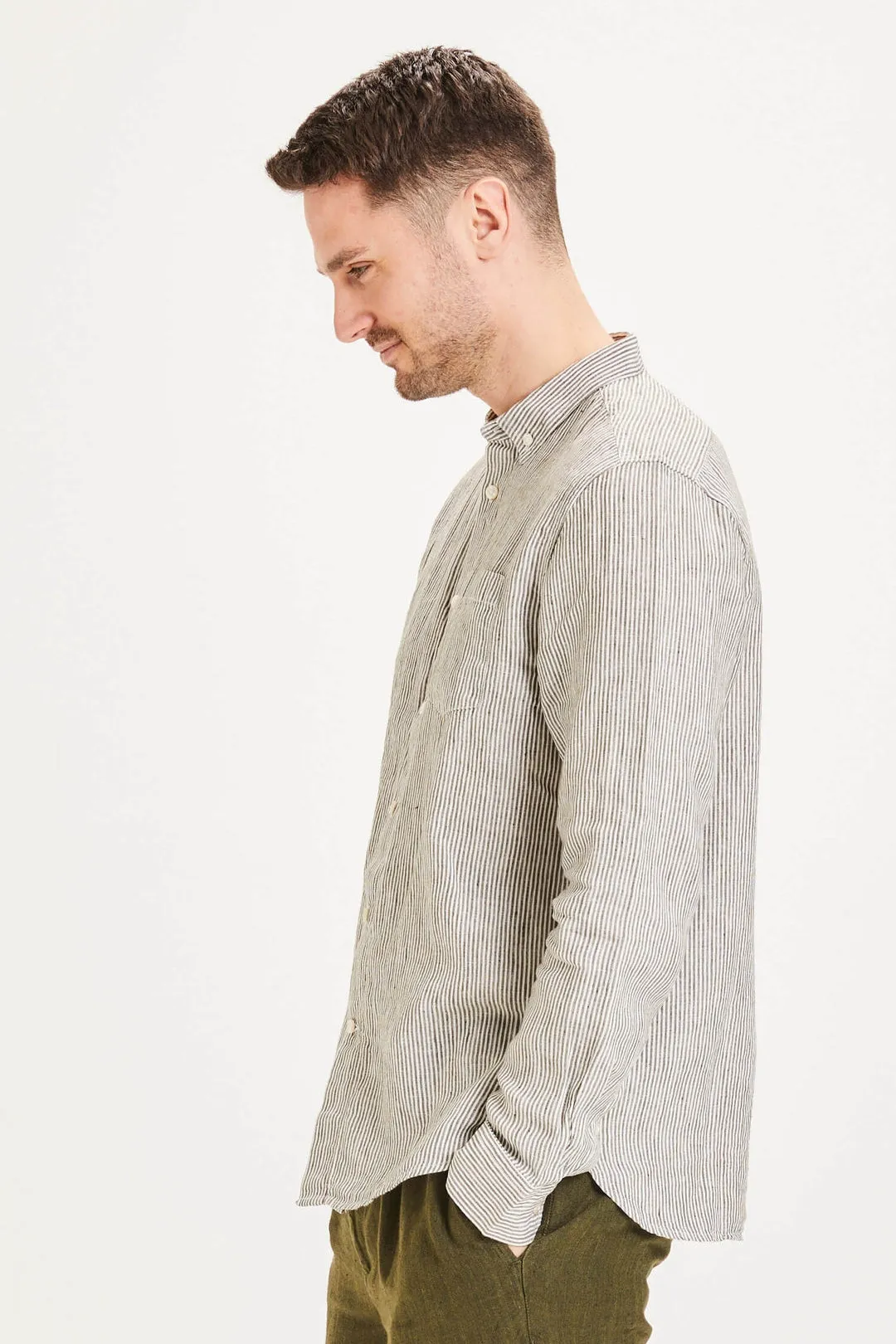 Knowledge Cotton Larch Long Sleeve Striped Linen Custom Fit Shirt in Forest Night - GOTS/Vegan