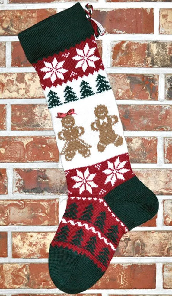 Large Personalizable Knit Wool Christmas Stocking - Gingerbread Men and Women