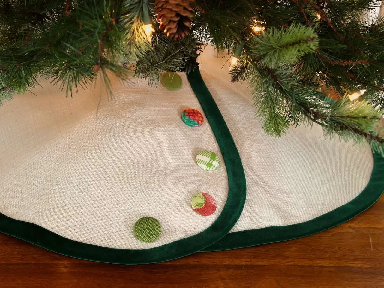 Linen Pencil Christmas Tree Skirt - Customize Banding and Buttons - Tabletop Christmas Tree Shipping Included