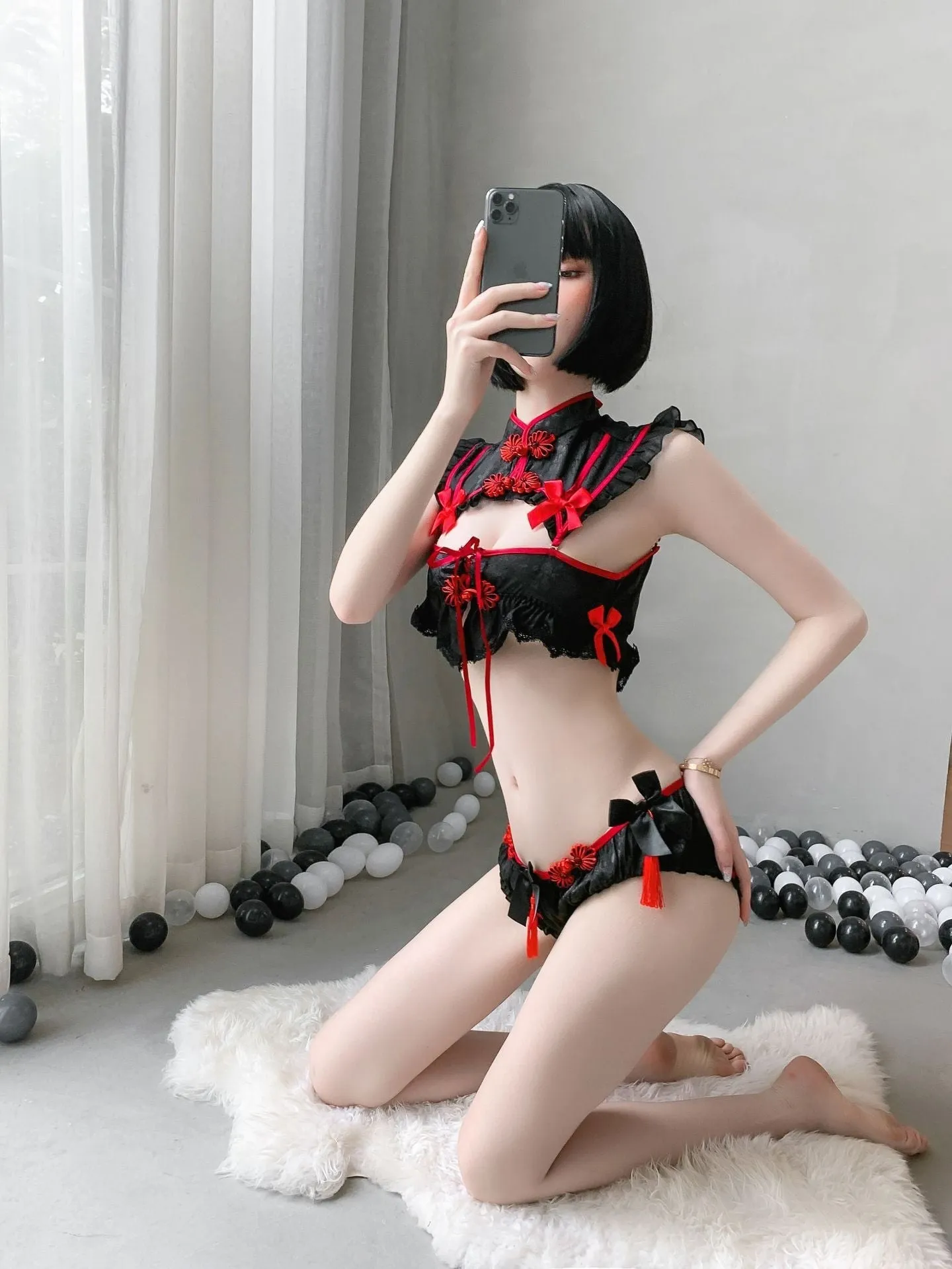 Red Black Cheongsam Lingerie Set