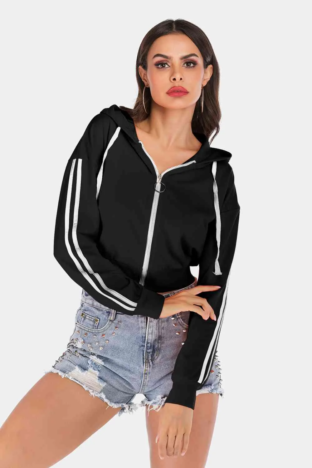 Side Stripe Drawstring Cropped Hooded Jacket