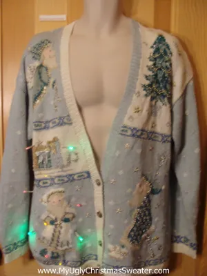 Tacky Baby Blue Light Up Christmas Sweater Cardigan with Santa