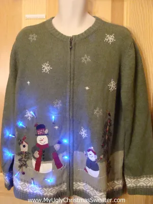 Tacky Green Light Up Christmas Sweater 2sided Birdhouse Winter Theme