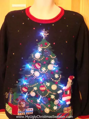 Tacky Light Up Christmas Sweater Pullover Huge Festive Tree with Bling