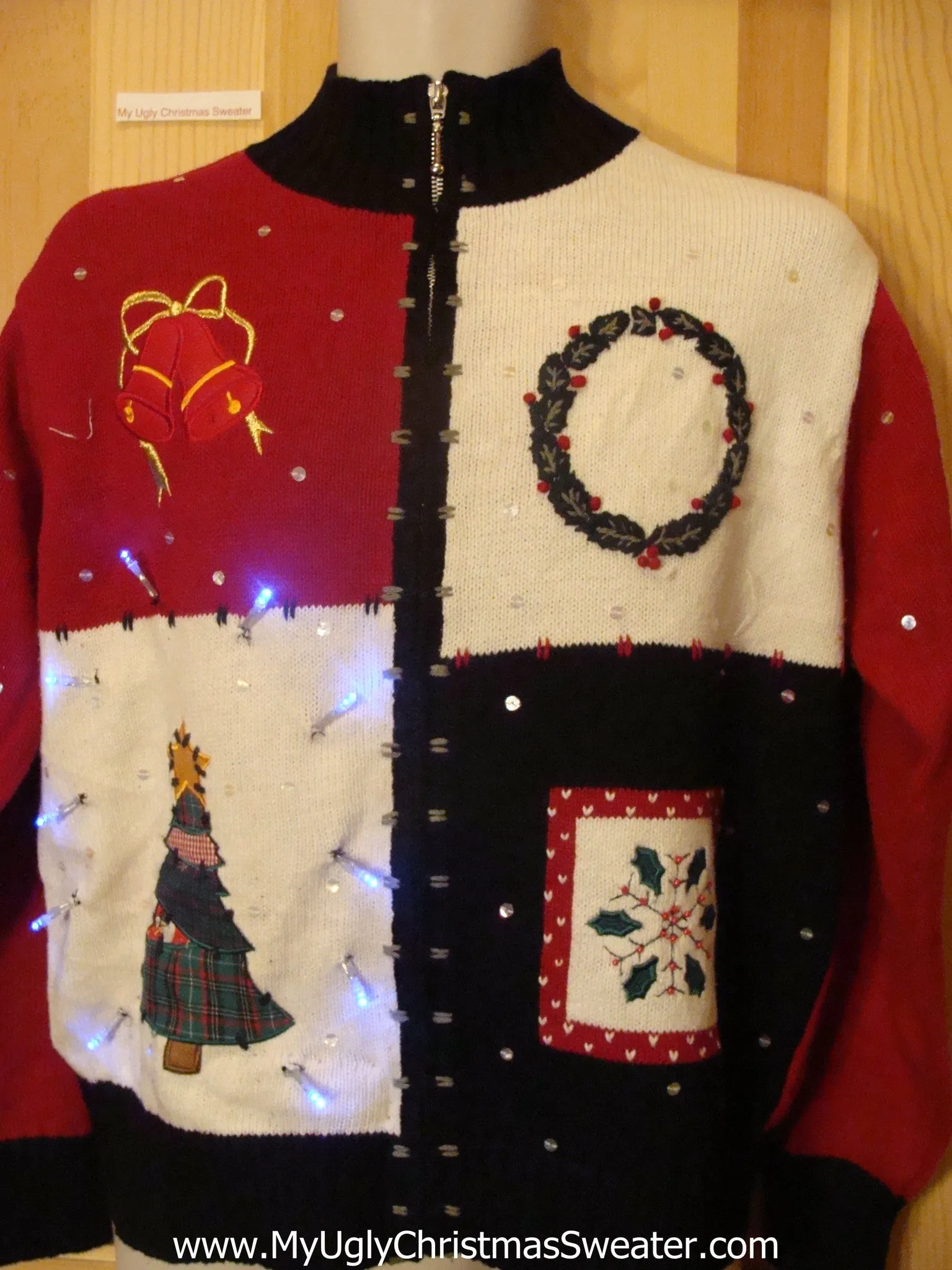 Tacky Light Up Christmas Sweater Tree, Wreath, Bells, Snowflake