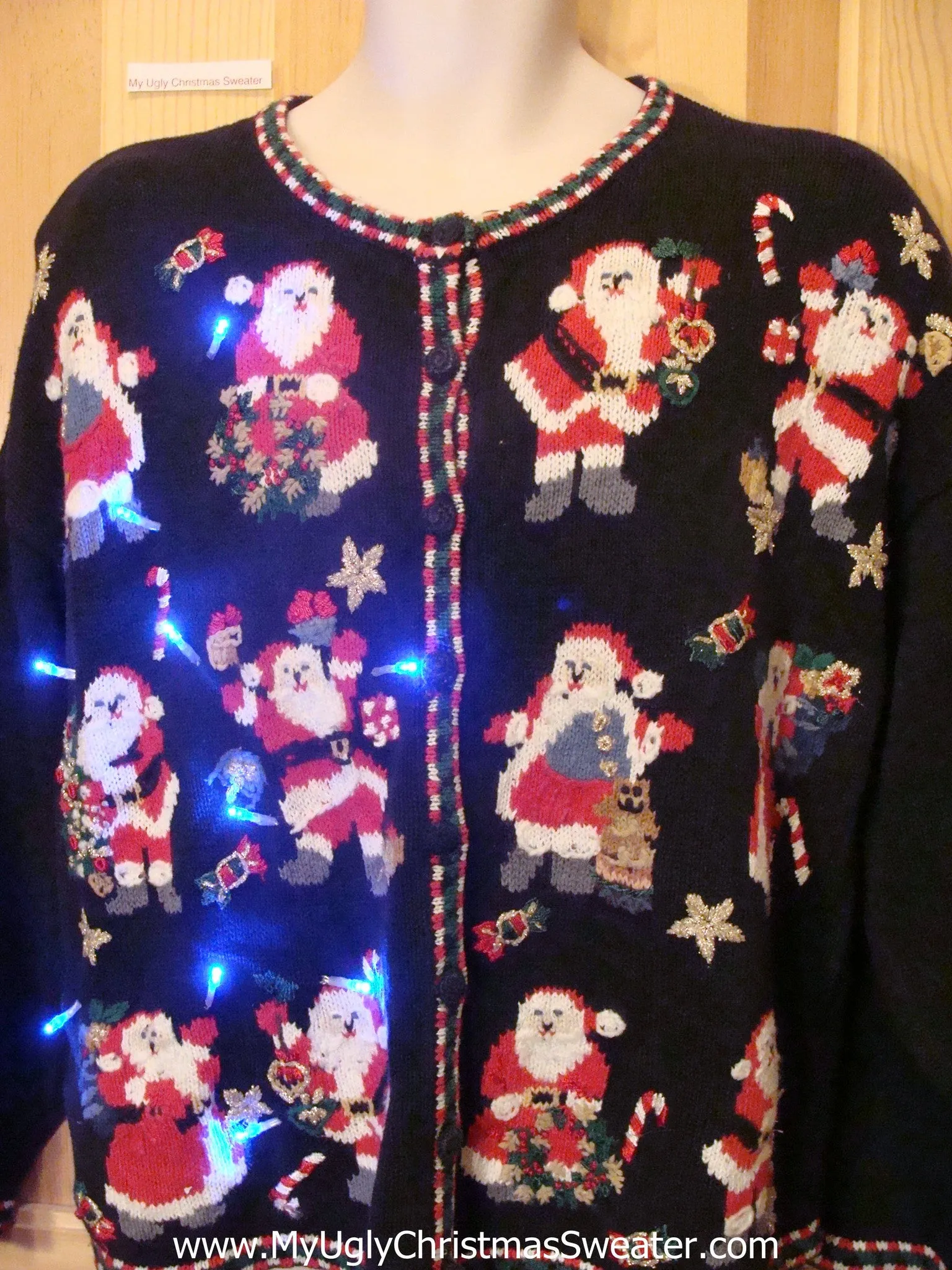 Tacky Light Up Christmas Sweater with Crazy Santas and CandyCanes