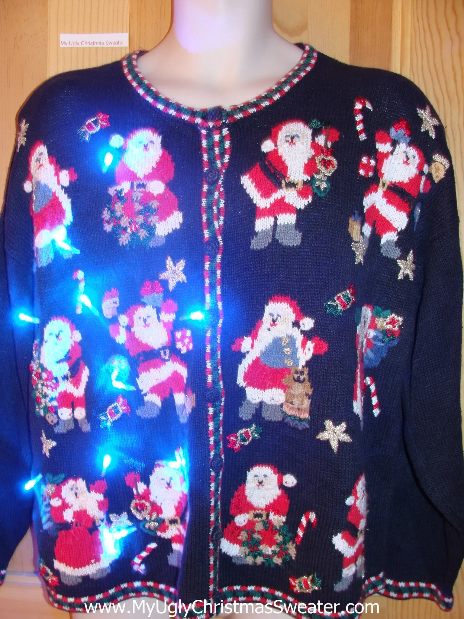 Tacky Light Up Christmas Sweater with Crazy Santas and CandyCanes