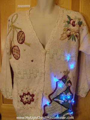 Tacky Pink Light Up Christmas Sweater Cheesy Plaid Tree