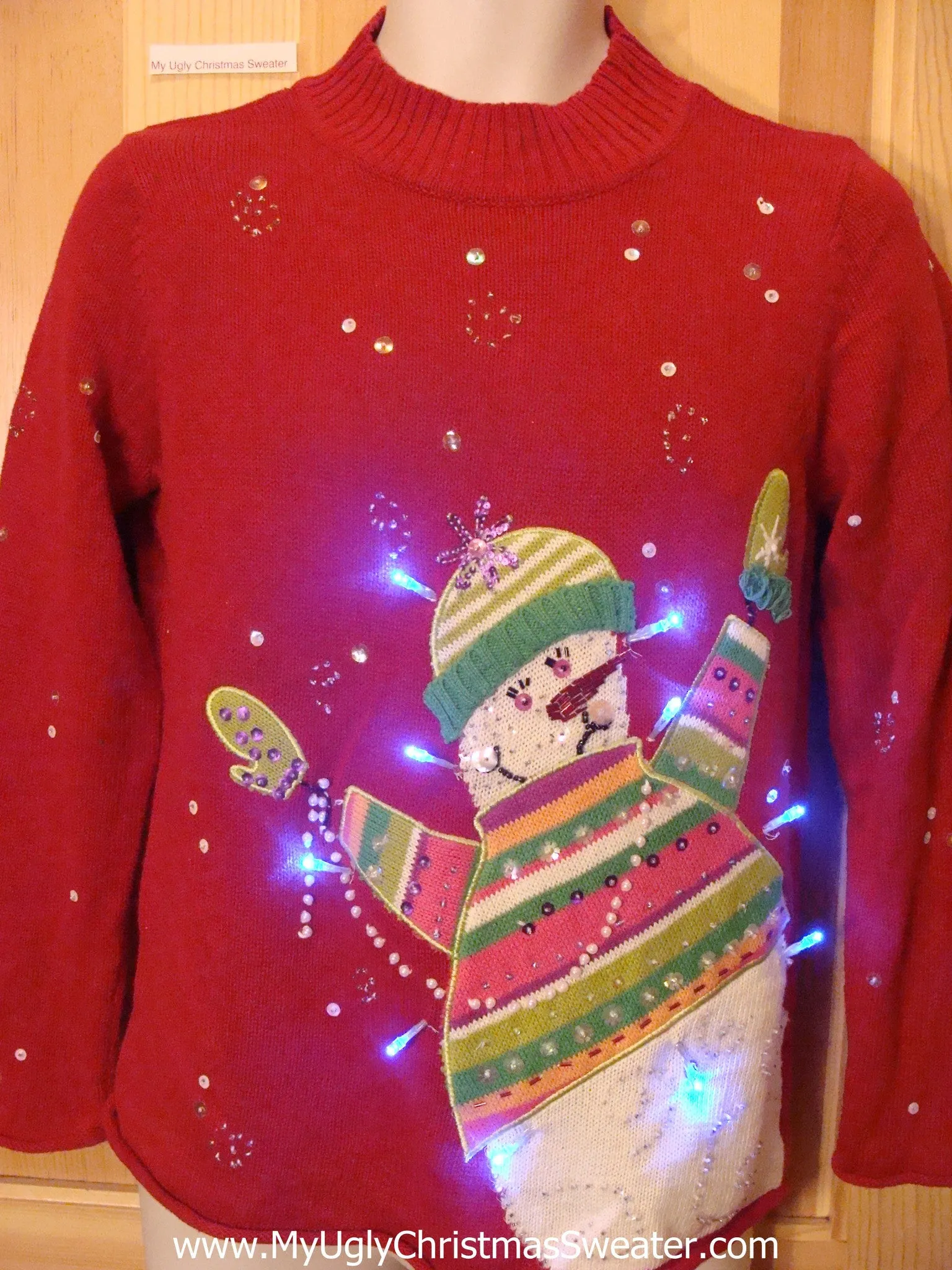 Tacky Red Light Up Christmas Sweater Pullover Snowman Bling