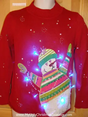 Tacky Red Light Up Christmas Sweater Pullover Snowman Bling