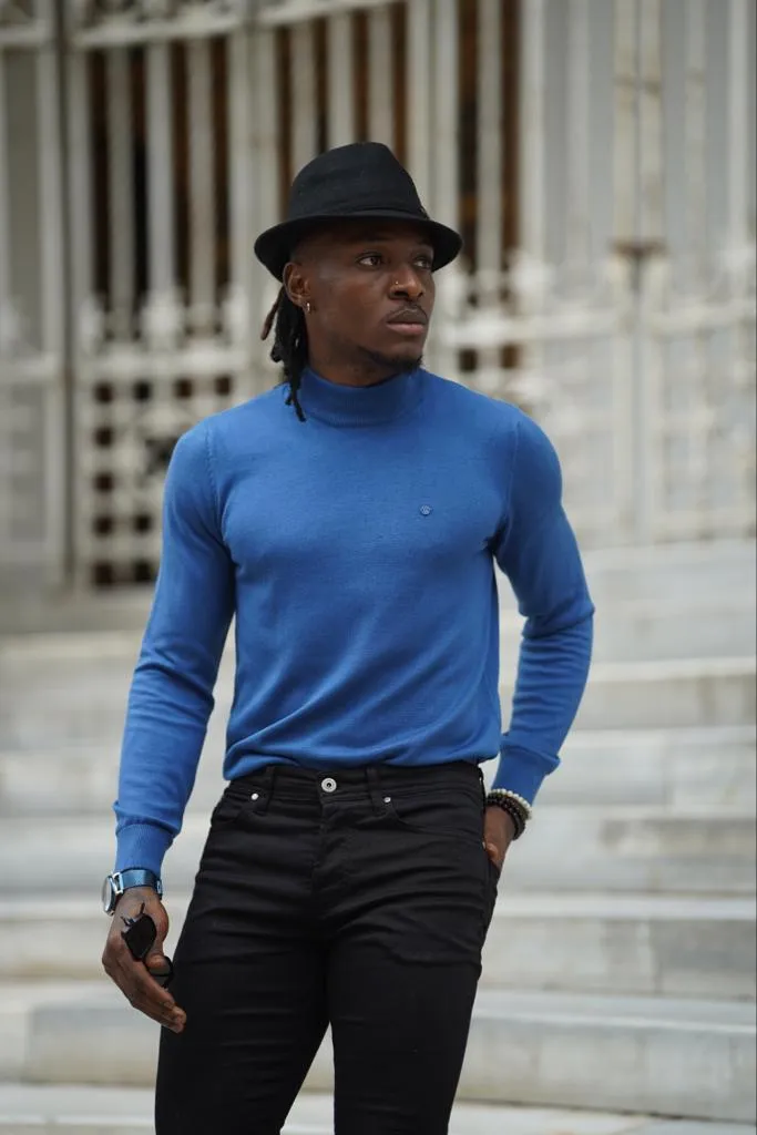 Thread Slim Fit Custom Design Half Collared Blue Turtleneck